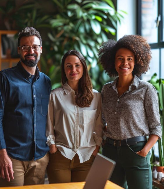 Smiling team in an eco-friendly office setting exchanging ideas